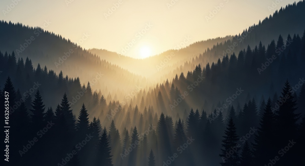 Obraz premium Golden Hour Sunbeams Through Misty Mountain Forest Canopy