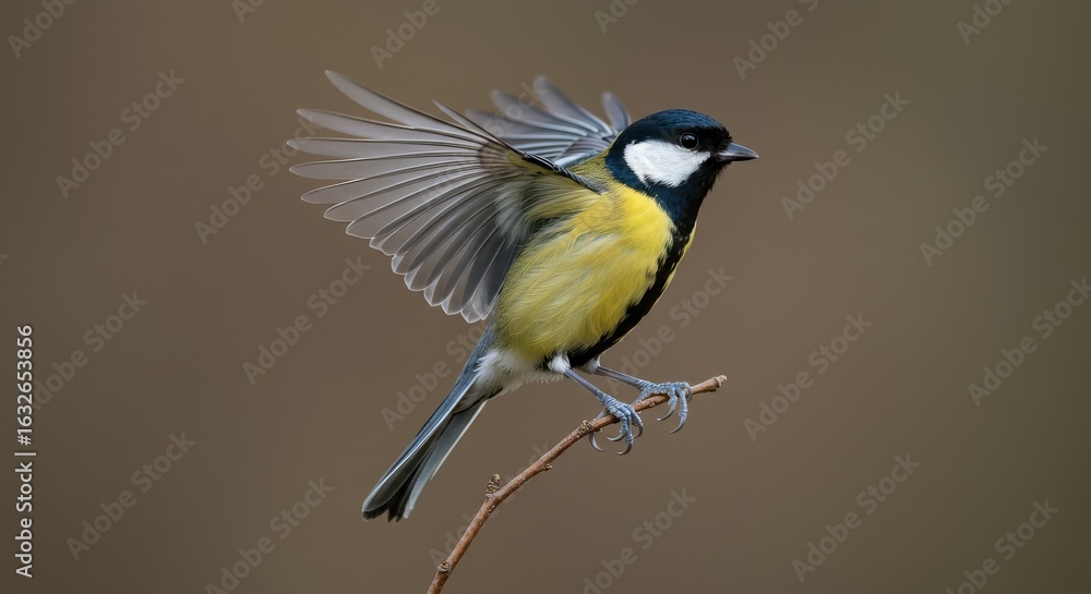 Fototapeta premium Illustration of great tit perched on a branch about to take flight with wings spread