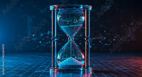 Hourglass with flowing sand on digital background in blue and red  