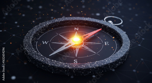 3D compass with glowing needle on dark background with stars  