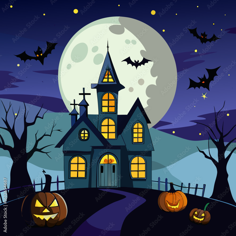 Fototapeta premium Spooky Halloween night background with haunted house and bats flying over pumpkins and a scary tree silhouette