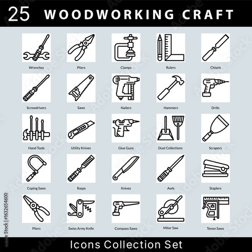 Woodworking Craft icon set collection in outline style. an icon pack contain chisels, screwdrivers, saws, nailers, hammers, drills, hand tools, caulking guns, glue guns, scrapers