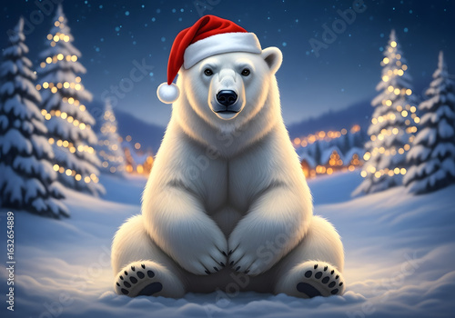 A majestic polar bear wearing a festive santa hat sits in a snow covered forest under a starry night sky