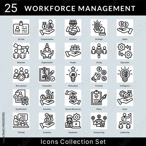 Workforce Management icon set collection in outline style. an icon pack contain relation, strategic, salary, selection, organization, people, hiring, operation, recruitment, evaluation