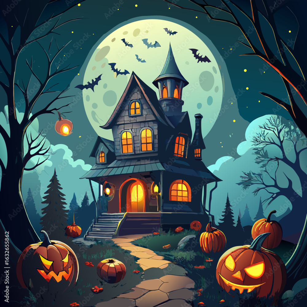 Fototapeta premium Spooky Halloween night background with a haunted house, full moon, and scary pumpkin silhouettes