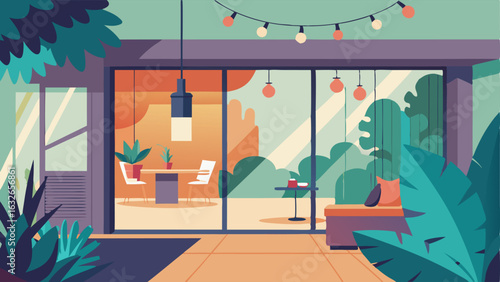 An indooroutdoor space with a large sliding glass door connecting a living room with a small patio decorated with hanging lanterns and a variety of tropical plants.