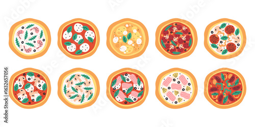 Pizza collection. Tasty hand drawn Italian pizza. Italian food. Vector illustration in trendy flat style