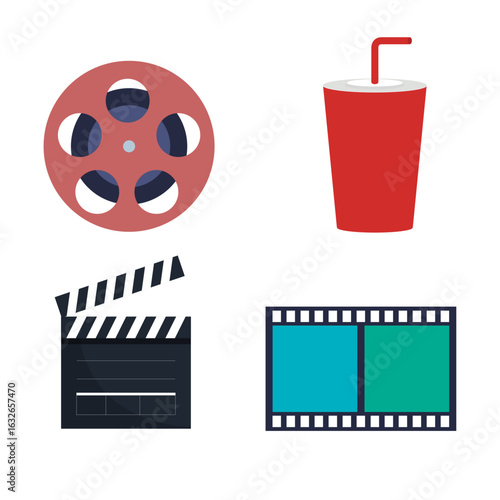 Film and Movie Production Icon Set - Simple Vector Illustrations for Film Reel, Drink, Clapperboard, and Film Strip Concepts

