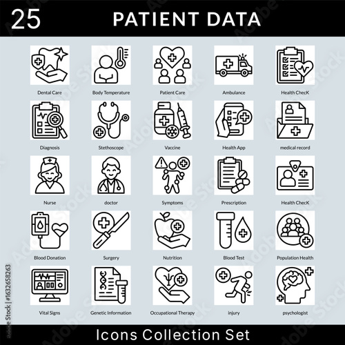 Patient Data icon set collection in outline style. an icon pack contain patient care, ambulance, health check, diagnosis, stethoscope, vaccine, health app, medical record, nurse, doctor