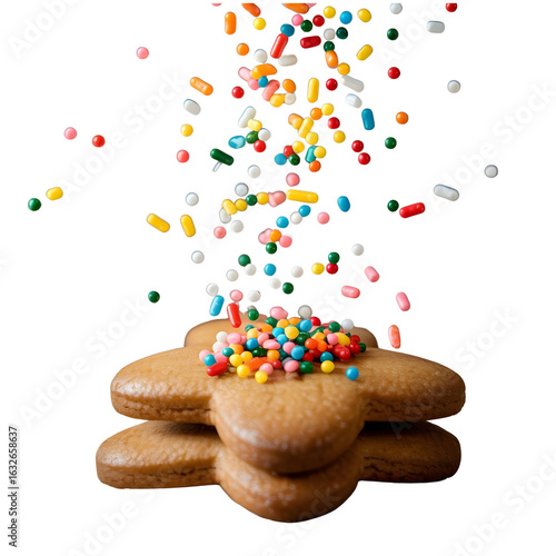 Stack of flower shaped cookies with falling colorful sprinkles