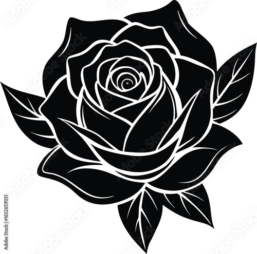 Detailed black rose silhouette with petals and leaves vector illustration eps