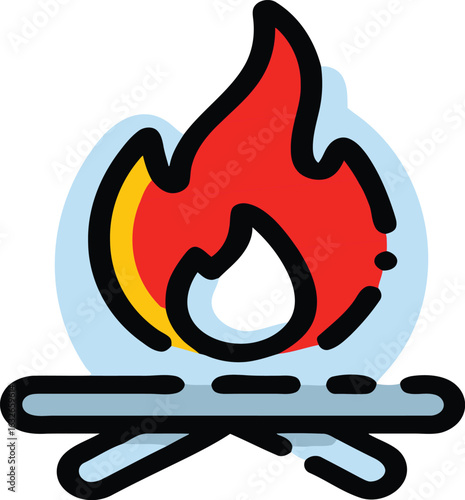 Stylized campfire icon with bold black outlines a red and yellow flame and light blue heat haze over crossed logs.