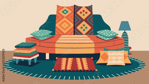An eclectic mix of patterned rugs layered on top of each other creating a cozy and inviting seating area.