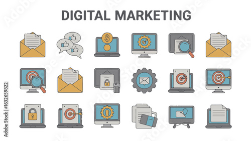 Digital marketing icons computers envelopes and targets laptops