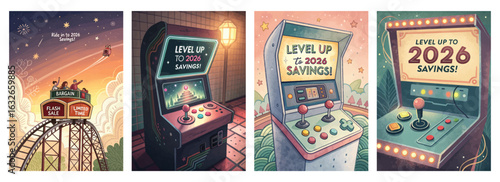 Set of four retro arcade game posters promoting financial savings with vibrant designs