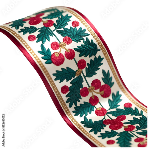 Festive ribbon with red berries and green leaves, holiday decoration