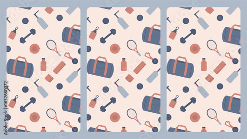Fitness equipment pattern with duffel bags and dumbbells workout sports