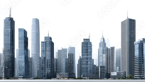 A city skyline made of paper cutouts, with skyscrapers and buildings, on a white background, in the front view, a 3D render, hyper-realistic