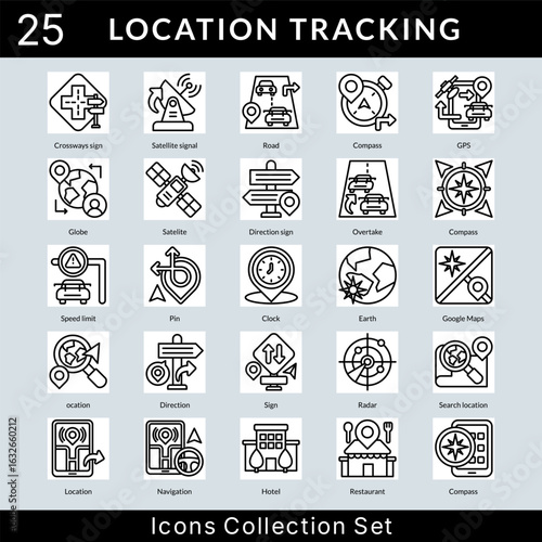 Location Tracking icon set collection in outline style. an icon pack contain road, compass, gps, globe, satelite, direction sign, overtake, speed limit, pin, clock