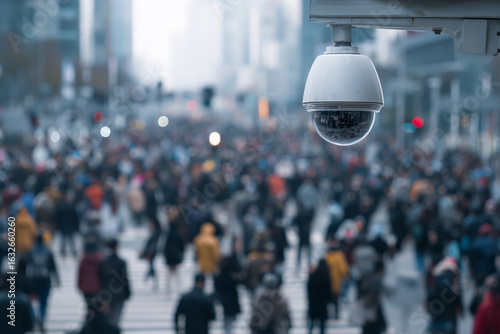 A crowded street with a camera mounted on a pole