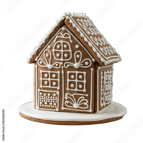 Decorated gingerbread house with icing, festive holiday treat
