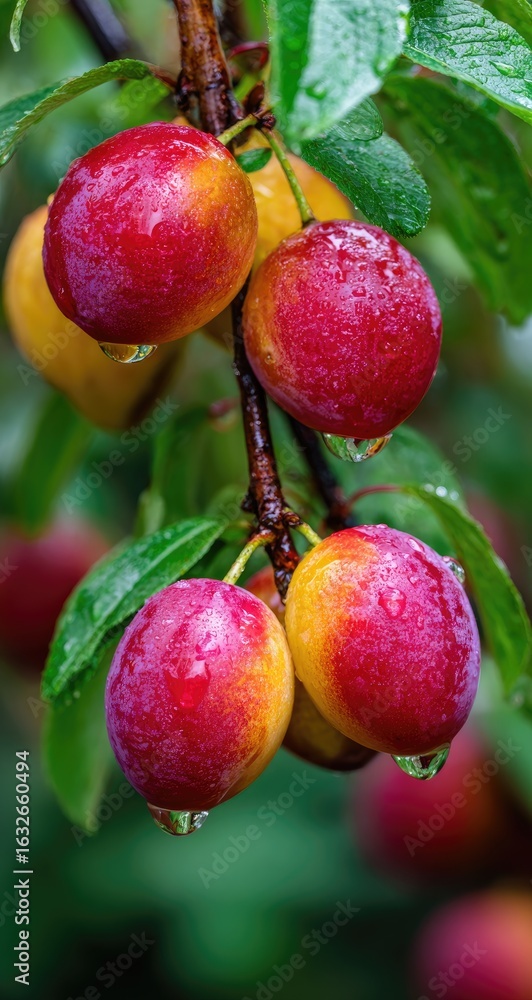 Obraz premium Ripe plums on branch, rain, garden, close-up, food
