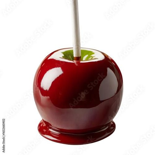 Shiny red candy apple with a stick, a sweet treat for autumn