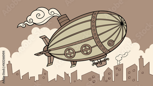 Vector of a steampunk-style airship flying above the city, with gears, propellers,, removing smoke, and vintage metallic textures.