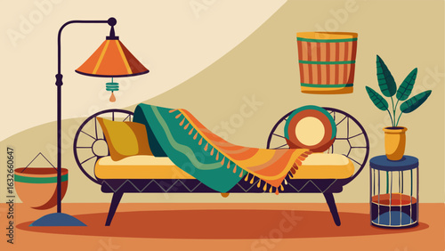 A mix of vibrant and mutedcolored throw blankets and pillows cover a rattan daybed paired with a vintageinspired reading lamp and a set of bongo drums in the corner of the room.