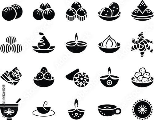 Collection of Black and White Indian Sweets and Decorative Elements Vector Icon Set for Festive Occasions and Cultural Designs