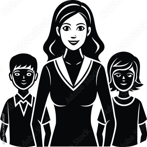 Mother and two children standing together as a happy family silhouette vector illustration eps