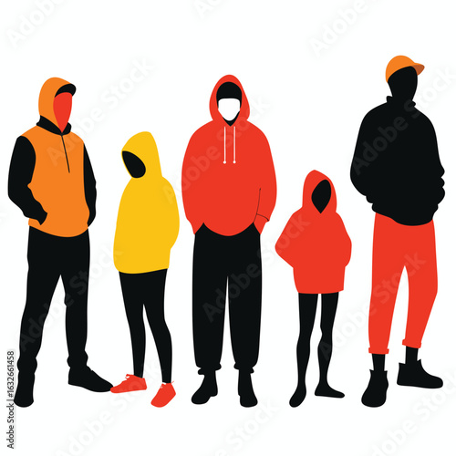 A flat Vector silhouette  of a diverse group of stylish people standing together