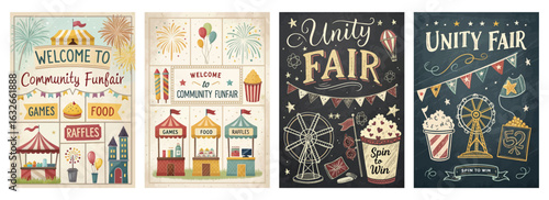 Set of four vibrant posters promoting community fairs with games food stalls raffles and Ferris wheel
