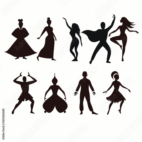 A vector of black silhouettes of people at a party, women and girls dancing 