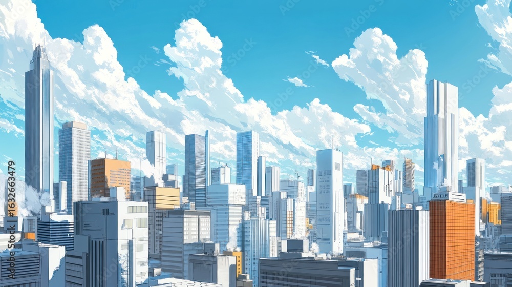 Obraz premium A vibrant city skyline under a bright blue sky with fluffy clouds.