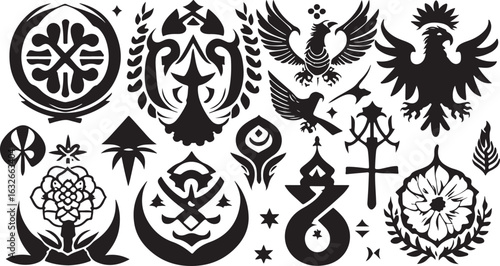 Diverse Collection of Bold Black and White Heraldic Crests and Decorative Emblems An Array of Symbolic Designs