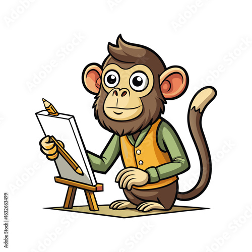 Creative Vector Illustration of a Monkey Drawing Its Own Self-Portrait in a Whimsical and Artistic Cartoon Style on White Background