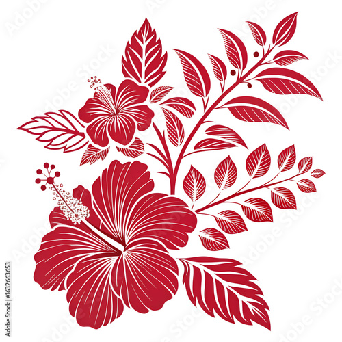 Illustration of two red hibiscus flowers with leaves and branches on a black background design element