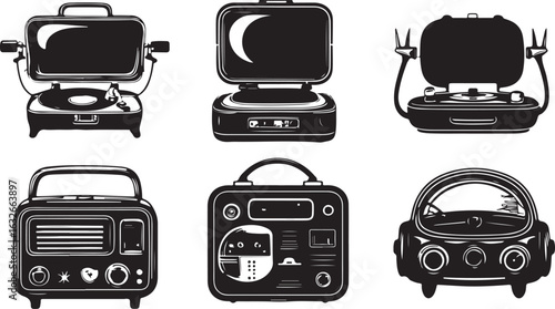 Retro Revival A Black and White Vector Collection of Vintage Appliances and a Classic Car Illustration Set