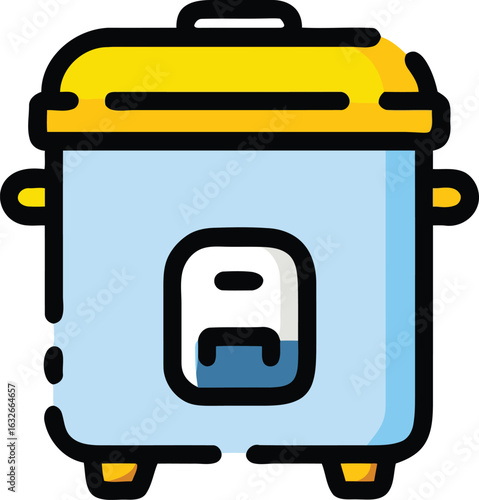 Modern electric rice cooker icon with a yellow lid light blue body and bold black outlines.