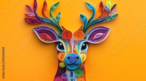 A colorful paper quilling art piece of a deer against an orange background.