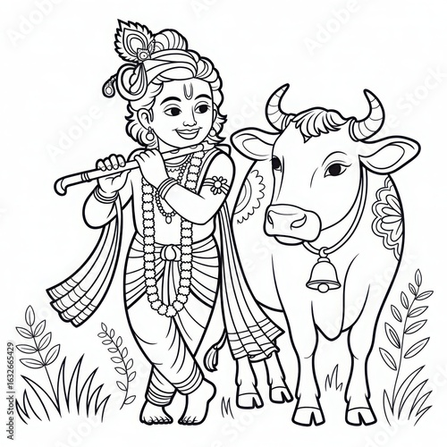 Krishna and cow coloring page with flute and bells
