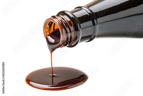 close-up of thick oyster sauce dripping from bottle on white background, glossy dark condiment in AI generated by PNG