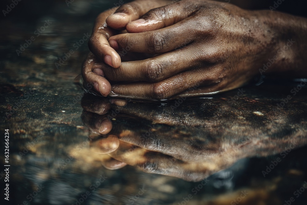 Fototapeta premium Dark hands clasped over water, reflecting