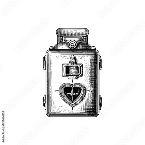 Engraving style illustration of vintage defibrillator device with heart monitor symbol in black and white on transparent background – for medical posters, emergency training manuals, and health safety