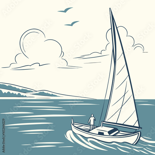 Sailing Boat in Calm Sea – Peaceful Flat Vector Scene