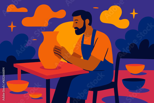 A pottery master is depicted sculpting a clay vase on a machine in a vector illustration of a craftsman at work