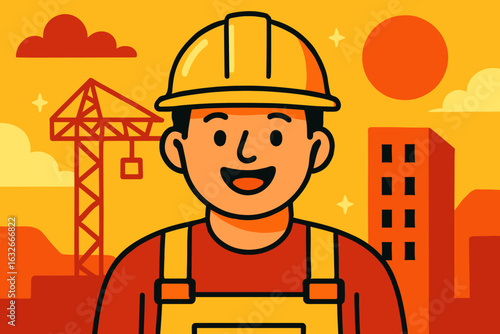 A cheerful worker in a blue hat and overall exudes warmth and approachability, making it an ideal illustration for any project or application