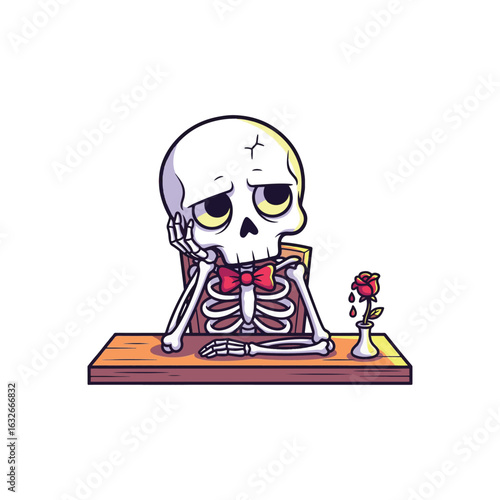 A cartoon skeleton wearing a red bow tie rests its head on its hand, looking bored or sad, sitting at a wooden table with a drooping rose in a vase.