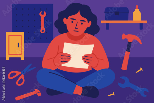 Vector illustration of a woman assembling and fixing furniture while sitting on the floor, studying the instruction manual